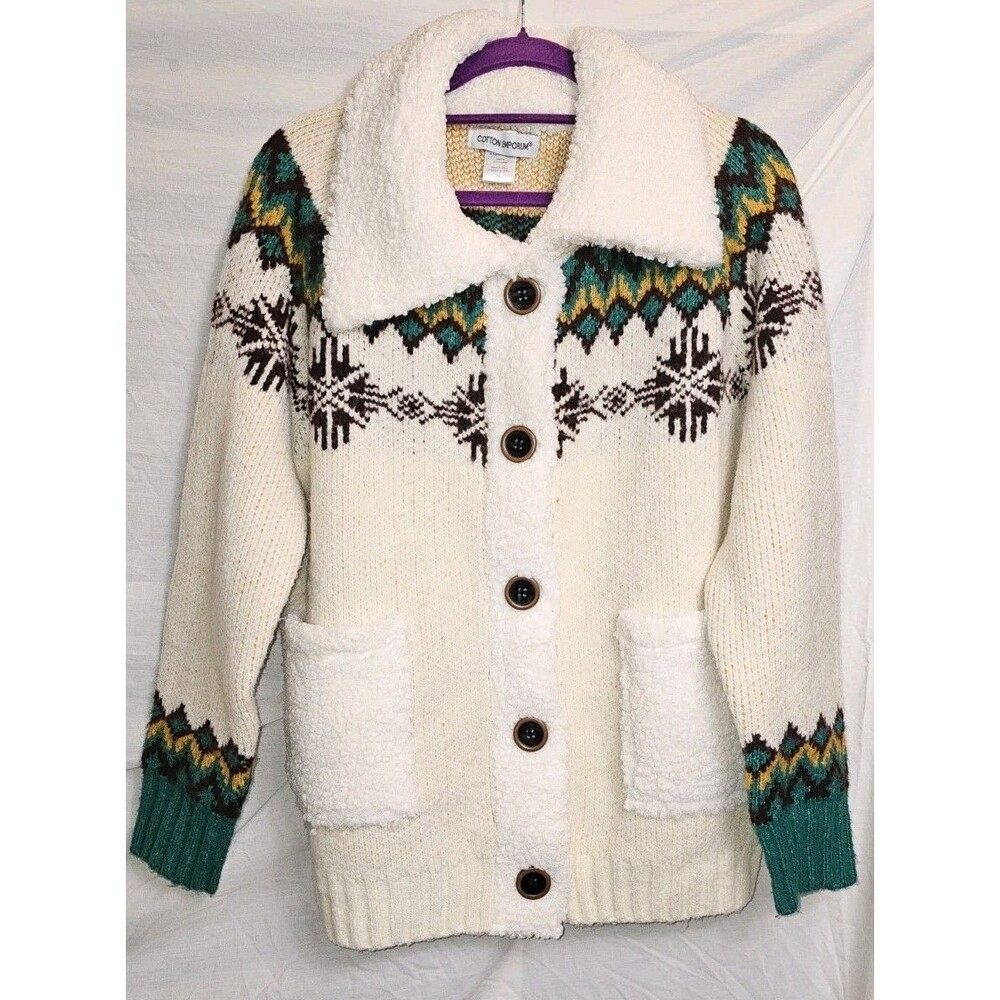 Cotton Emporium Cream Fair Isle Sherpa Collar Button Knit Cardigan Sweater XL